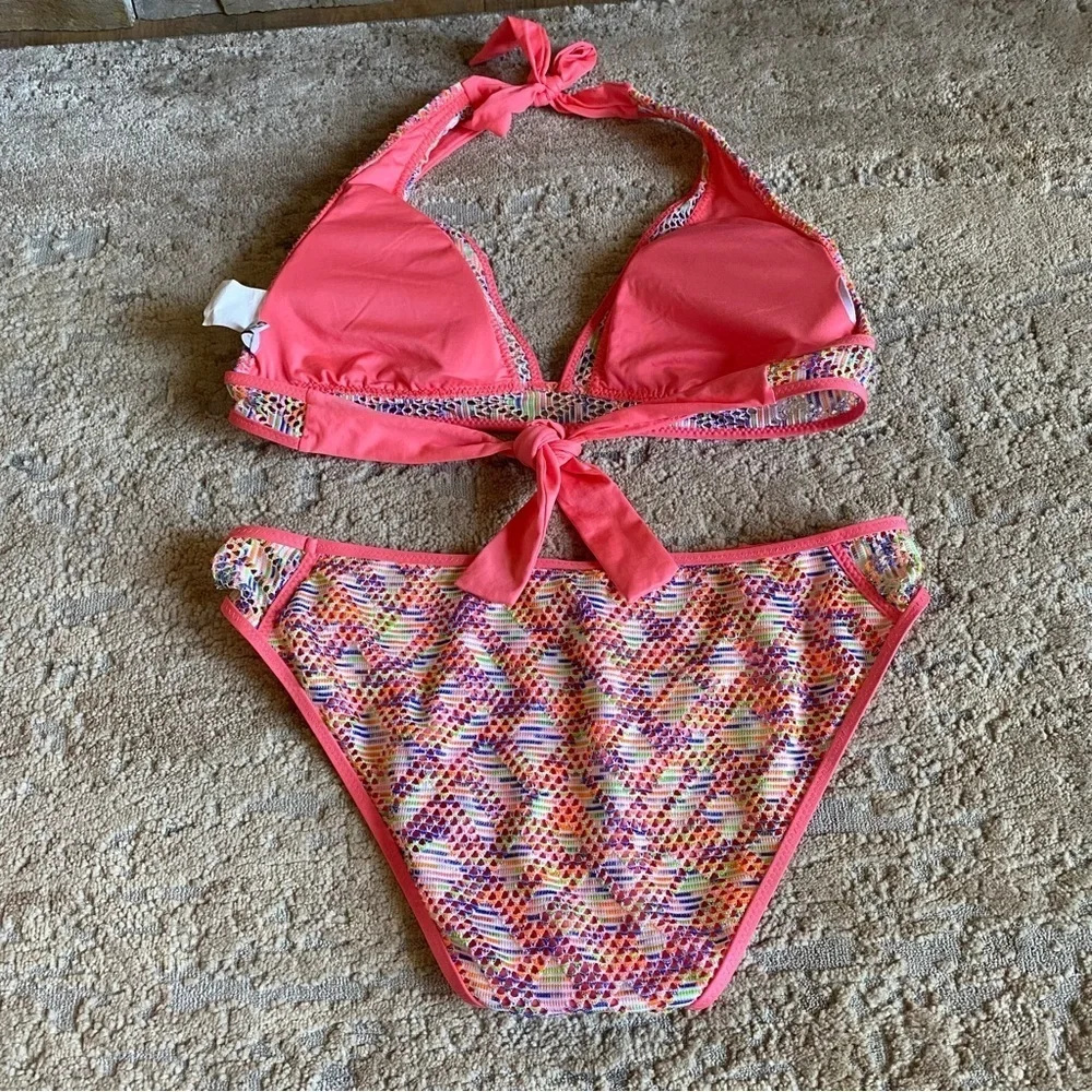 Becca Courtney Reveal Crochet Matching Bikini Set Top and Bottoms Pink: Large